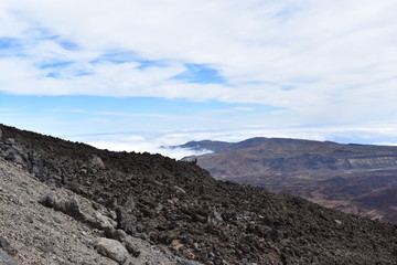 Beautiful scenery over the clouds from the big famous volcano Pico del Teide in Tenerife, Europe