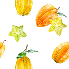 carambola watercolor hand draw seamless pattern isolated on white