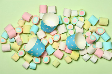 Birthday Concept - Holiday Top View Various Sweet Candy on White Background. Fun Decoration. Minimal Holiday Concept. Flat Lay