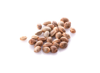 Heap of hemp seeds on white background