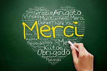 Merci (Thank You in French) love heart Word Cloud on blackboard, all languages
