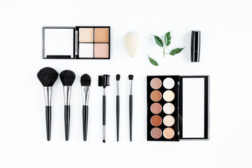 Professional makeup tools. Makeup tools brushes. Flat composition. magazines, social media. Top view. Flat lay.