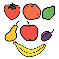 Set of fruits isolated on white background. Collection of hand drawn fruits: banana, plum, orange, pear, lime, persimmon isolated on white background. Cartoon fruit. Vector illustration. 