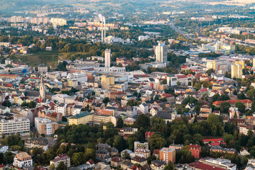 Aerial shot of Liberec city from hotair balloon
