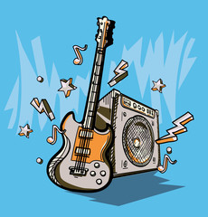 Music design - drawn guitar, amplifier and notes - obrazy, fototapety, plakaty
