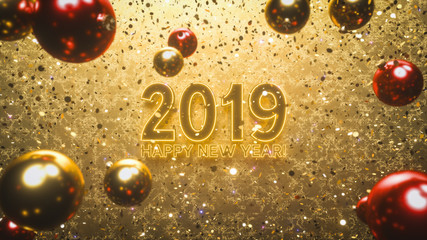 Happy new year 2019 background. Holiday creative composition with bright shining confetti and christmas toys. 3d rendering