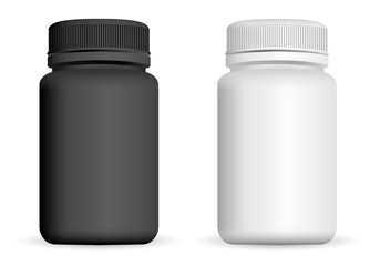 Realistic plastic bottles. Black and white 3d Vector illustration. Mock Up Template set of medicine package for pills, capsule, drugs.