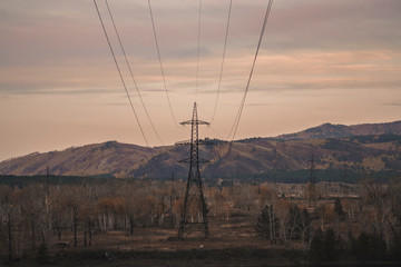 Autumn mountain forest landscape with roads and rivers