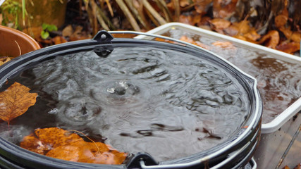 Regen tropft in Tonne