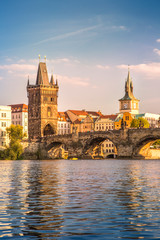 Charles Bridge and lookout tower  in Prague, Czech Republic.