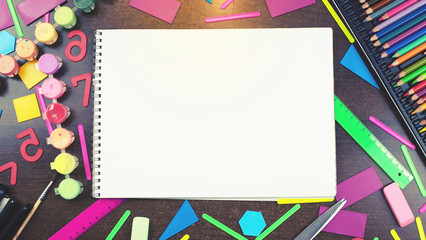 Banner A set of stationery for school notebook lying on the table. Top view copy of flat lay space Concept back to school