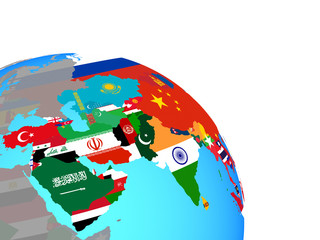 Asia with national flags on simple blue political globe.