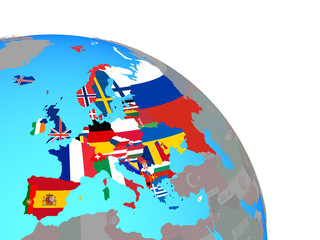 Europe with national flags on simple blue political globe.