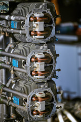 Aviation six-cylinder boxer engine air cooling shot for repair.