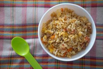 Fried egg with Thai Jasmine rice, homemade food for kid