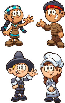 Native American and Pilgrim Thanksgiving  kids.  Vector clip art illustration with simple gradients. Each on a separate layer. 