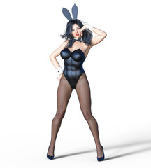 Bunny Girl. Sexy woman long legs in black fishnet tights. Black swimsuit and shoes. Conceptual fashion art. Blue eyes. Seductive candid pose. Photorealistic 3D render illustration. Isolate. Studio.