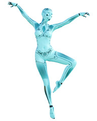 Dance robot woman. Metal azure droid. Artificial Intelligence. Conceptual fashion art. Realistic 3D render illustration. Studio, isolate, high key.