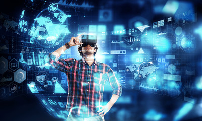 Experiencing virtual technology world. Mixed media