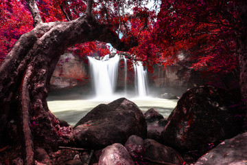 Haew Suwat Waterfall in Khao Yai National Park, Thailand. Haew Suwat Waterfall is a beautiful waterfall in nature and popular.