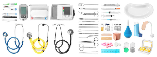 Set with different medical equipment on white background