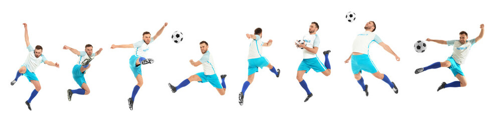 Set with professional football player on white background