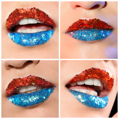 Obraz premium Set with beautiful woman, focus on lips. Creative makeup