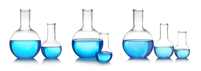 Set with different laboratory glassware and liquid for analysis on white background