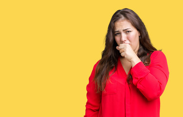 Beautiful plus size young business woman over isolated background feeling unwell and coughing as symptom for cold or bronchitis. Healthcare concept.