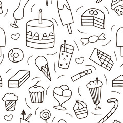 Seamless pattern with hand drawn sweets elements in doodle style. Vector illustration on white background.