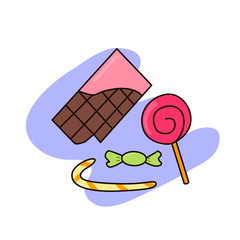 Hand drawn set in doodle style with candies, chocolate and lollipop. Vector illustration suitable for templates, posters, greeting cards.