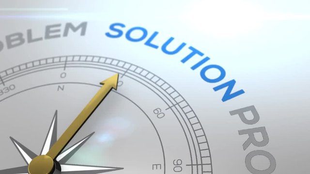 Compass with the text SOLUTION right path, concept video for good direction white shiny background