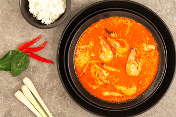 Thai spicy-sour soup Tom Yam with shrimp