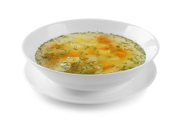 Bowl of fresh homemade soup to cure flu on white background