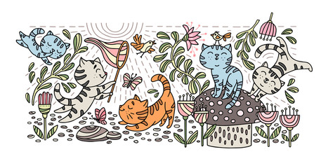 Obraz premium Hand drawn playful kittens with birds, butterfly, flowers