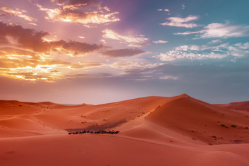 Fototapeta na wymiar Magical sunset in the Sahara, Morocco desert tour