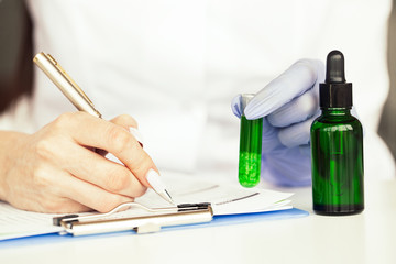 Medicine. Lab Technician Doing Chemistry Experiment. Close Up Of Scientist Checking Test Tube In...