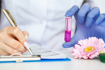 Medicine. Lab Technician Doing Chemistry Experiment. Close Up Of Scientist Checking Test Tube In...