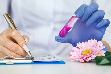 Medicine. Lab Technician Doing Chemistry Experiment. Close Up Of Scientist Checking Test Tube In...