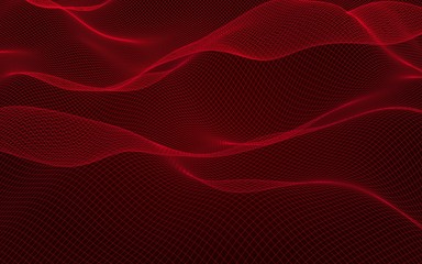 Abstract landscape on a red background. Cyberspace grid. Hi-tech network. 3D illustration