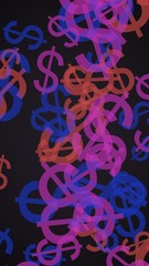 Multicolored translucent dollar signs on dark background. Vertical image orientation. 3D illustration