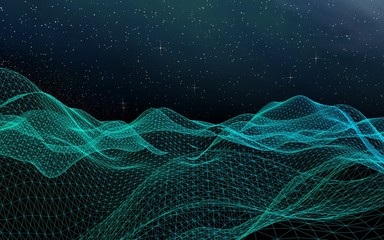 Star horizon. Abstract landscape on a dark background. Cyberspace grid. Hi-tech network. Outer space. Starry outer space texture. 3D illustration