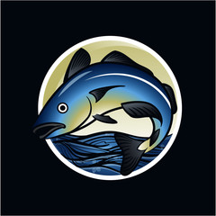 Illustration of an angry sardine fish jumping with waves in background set inside circle on isolated retro style