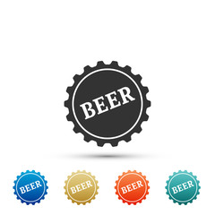 Bottle cap with beer word icon isolated on white background. Set elements in colored icons. Flat design. Vector Illustration