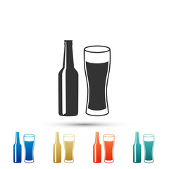 Beer bottle and glass icon isolated on white background. Alcohol Drink symbol. Set elements in colored icons. Flat design. Vector Illustration