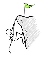 Happy climber reaches the peak of the mountain. Stick figure vector illustration - concept image