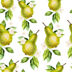 Obraz premium Watercolor Pattern with pears and flowers. 