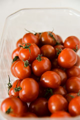 Fresh Vegetables, Cherry Tomatoes In A Plastic Box, The Concept Of Healthy Nutrition And Natural Products