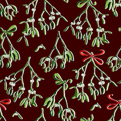 Seamless watercolor Christmas background with mistletoe and red ribbon. Use it for wrapping paper, card or textile design. Hand drawn mistletoe twigs. Christmas mistletoe. 