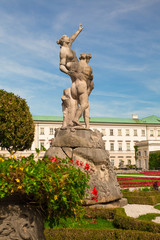 View from beautiful Mirabelle Gardens and Palace in Salzburg Austria on a sunny day.